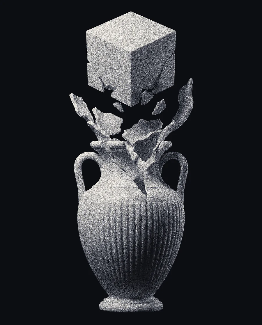 A marble amphora separating into rings that become a cube