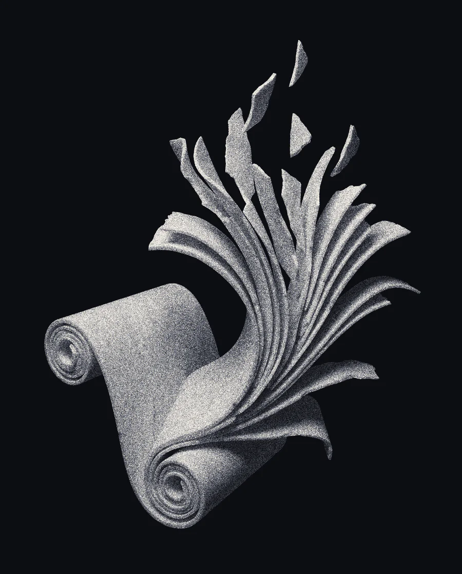 A marble scroll whose end splits into floating sheets
