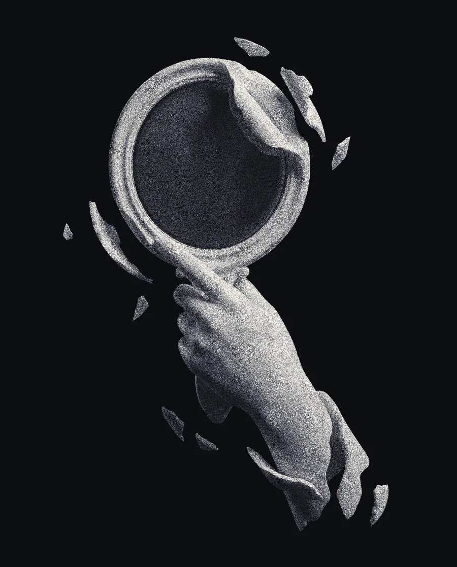 A marble hand holding a polished mirror
