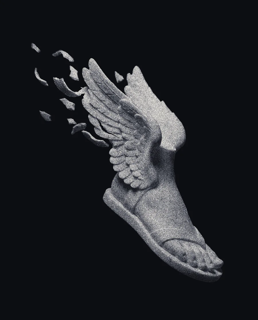 A winged marble sandal in flight