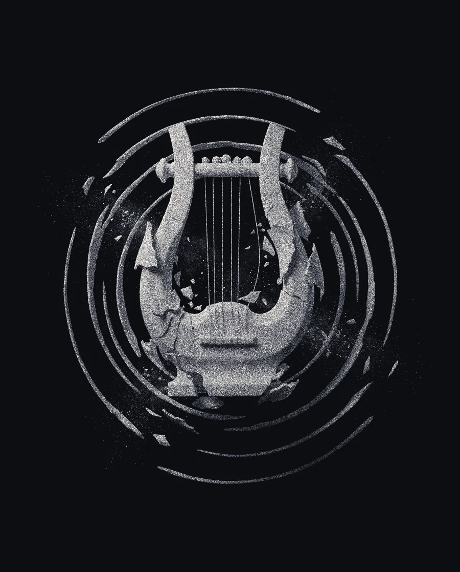 A marble lyre with dust hanging in rings around it