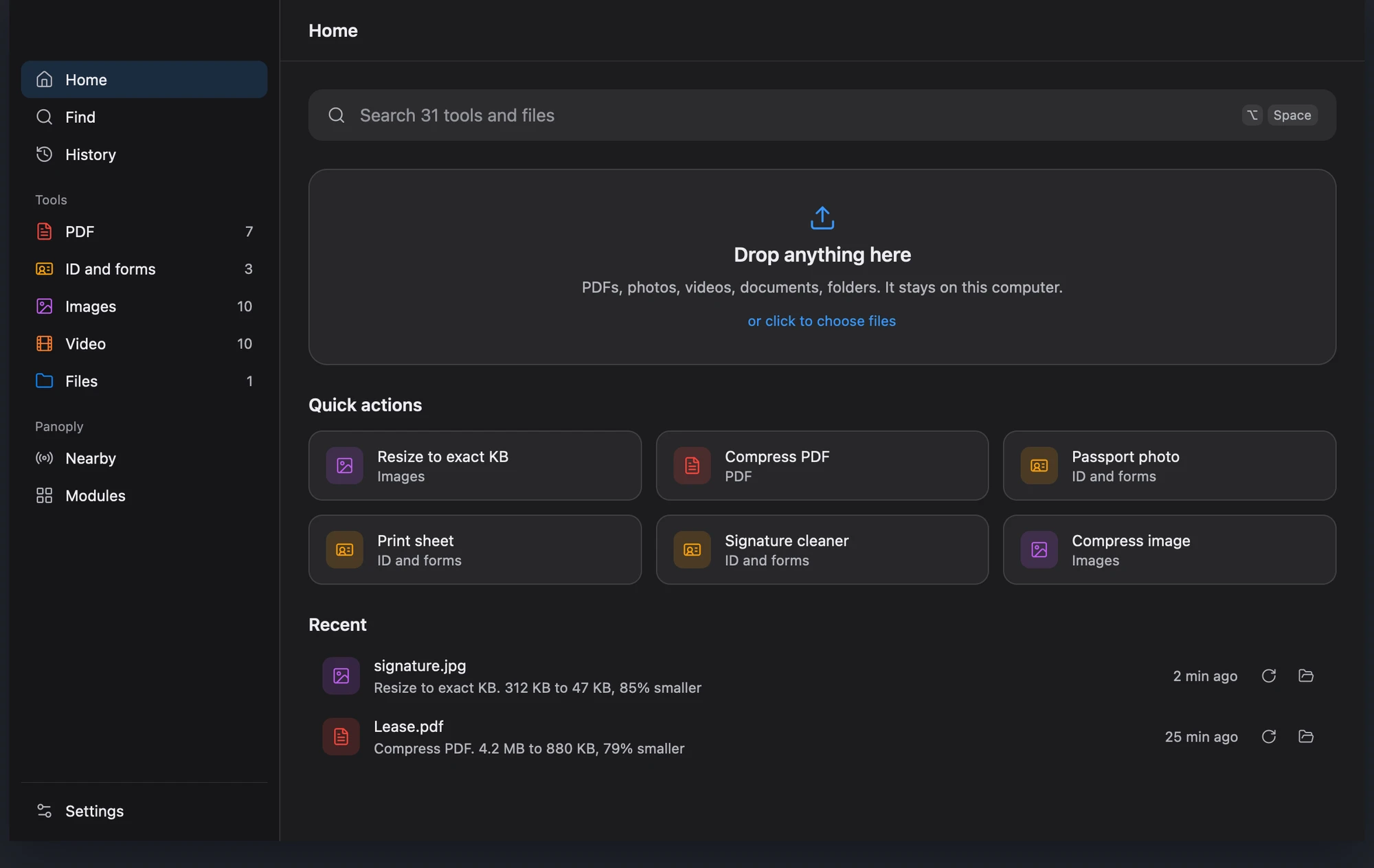 The Panoply app window: tools sorted by kind on the left, a drop area, quick actions and recent jobs